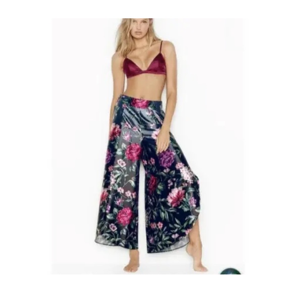 VICTORIA SECRET Floral Satin WIDE LEG TULIP Pants PAJAMA BOTTOM LOUNGE LK NEW XL - Picture 7 of 13